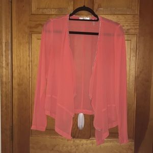 Sheer orange embellished open cardigan